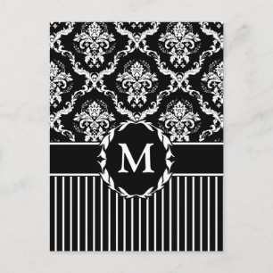 Elegant White on Black Damask Vykort