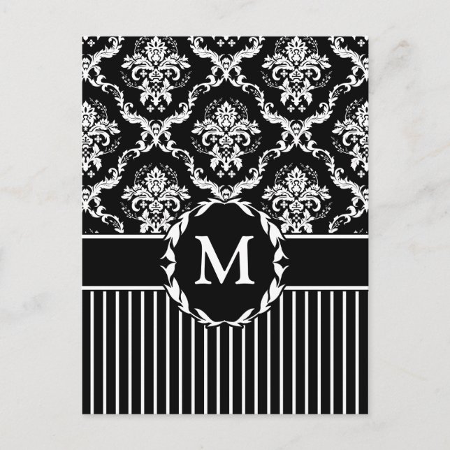 Elegant White on Black Damask Vykort (Framsida)