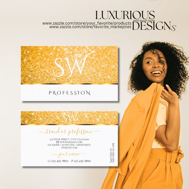 Elegant White Orange Glitter Spark Stars Initialer Visitkort (Skapare uppladdad)