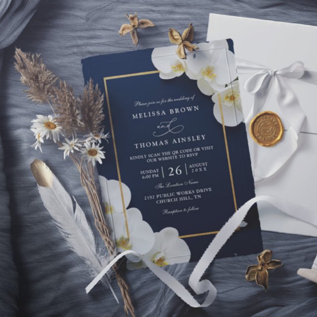 elegant white orchid blooms chic qr code wedding inbjudningar (Skapare uppladdad)