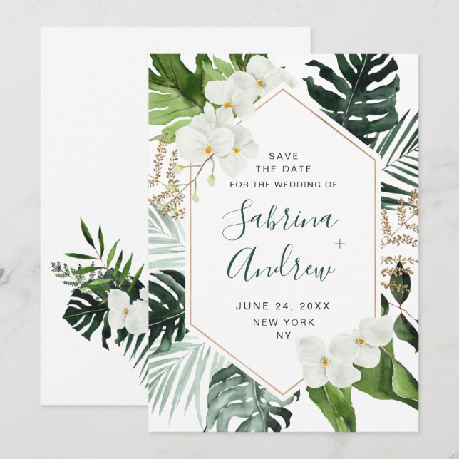 Elegant White Orchid Bohemian Greenery Bröllop Spara Datumet (Fram/baksida)