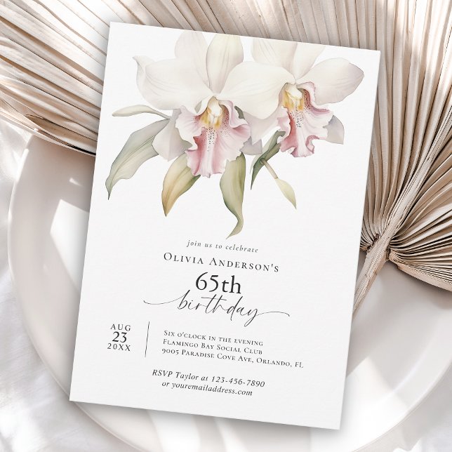 Elegant White Orchids Blommigt 65e Birthday Inbjudningar (Available as both printed and instant download digital formats.)