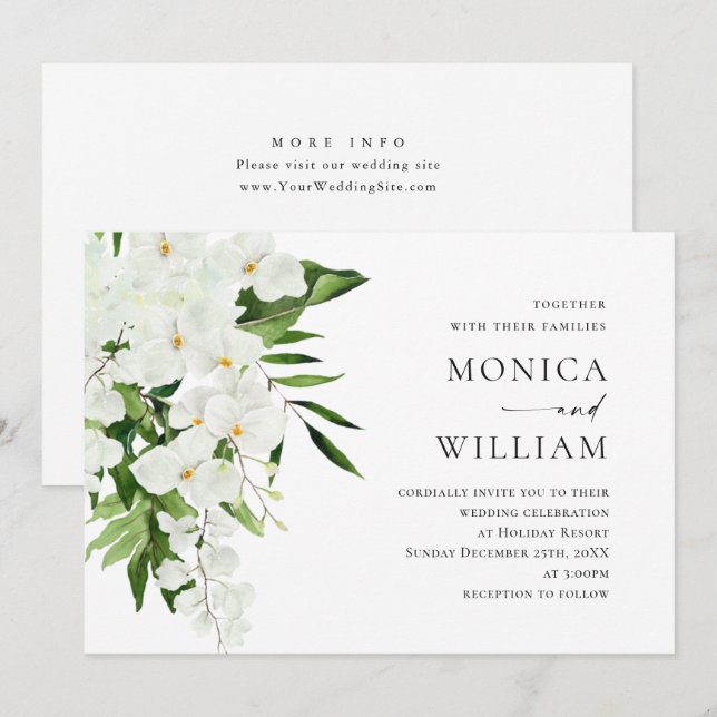 Elegant White Orchids Bohemian Greenery Bröllop Inbjudningar (Fram/baksida)