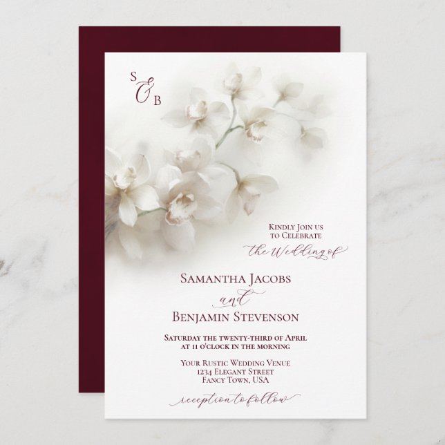 Elegant White Orchids Burgundy Script Bröllop Inbjudningar (Fram/baksida)
