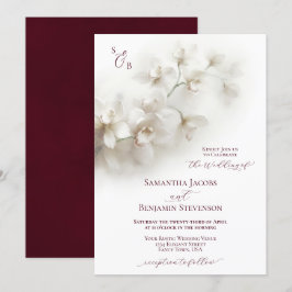 Elegant White Orchids Burgundy Script Bröllop Inbjudningar