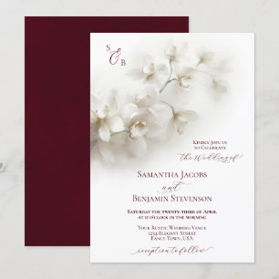 Elegant White Orchids Burgundy Script Bröllop Inbjudningar