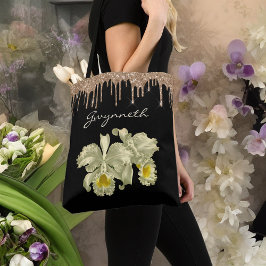 Elegant White Orchids Guld Glitter Drives Monogram Tygkasse