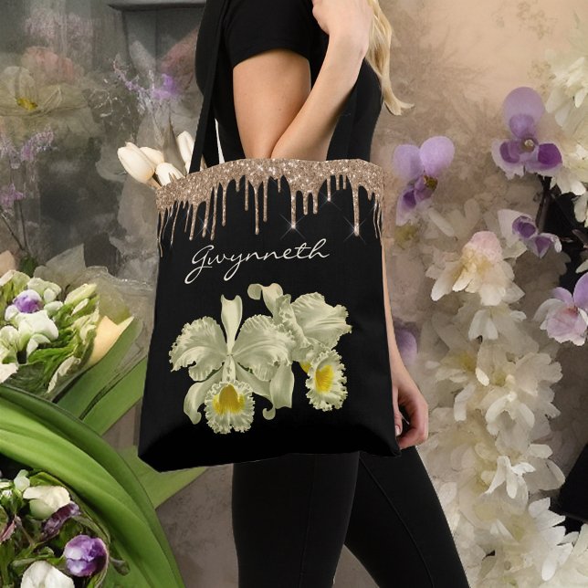 Elegant White Orchids Guld Glitter Drives Monogram Tygkasse (Skapare uppladdad)