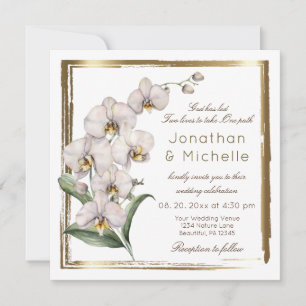Elegant White Orchids Guld Ram Christian Bröllop Inbjudningar
