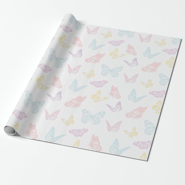 Elegant White Pastel Rosa Blue Butterfly Mönster Presentpapper (Utrullad)