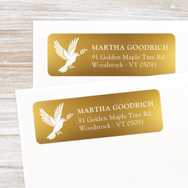 Elegant White Peace Dove Gold Foil Returadress Etikett (Peace on Earth, white peace dove, faux gold foil Christmas return address label with elegant style.)
