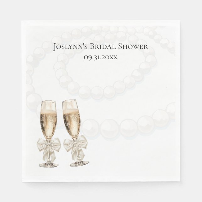 Elegant White Pearls & Prosecco Bridal Shower Pappersservett (Framsidan)