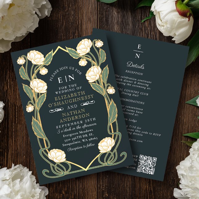 Elegant White Peony Art Nouveau QR Code Wedding Inbjudningar (Skapare uppladdad)