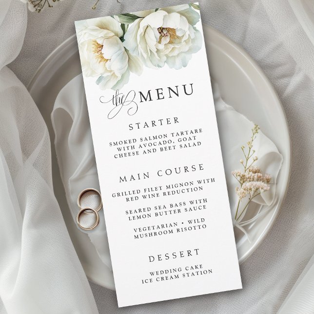 Elegant White Peony Floral Wedding Menu Meny (Skapare uppladdad)