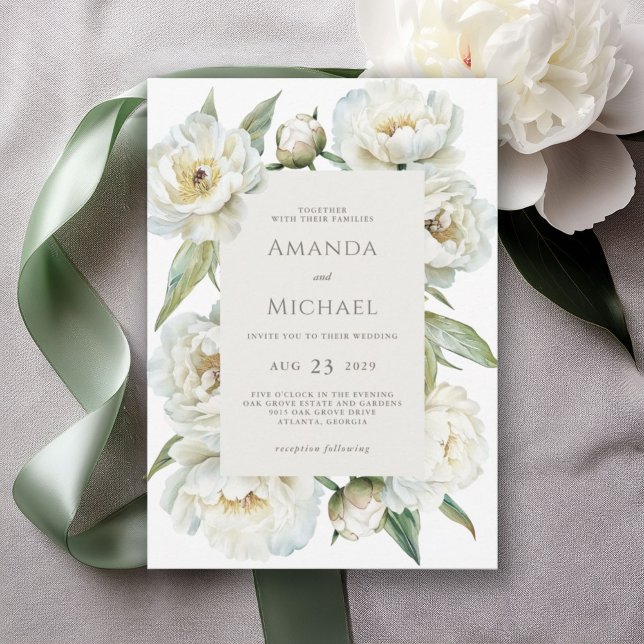 Elegant White Peony & Sage Green Floral Wedding Inbjudningar (Available in both printed and instant download digital formats.)