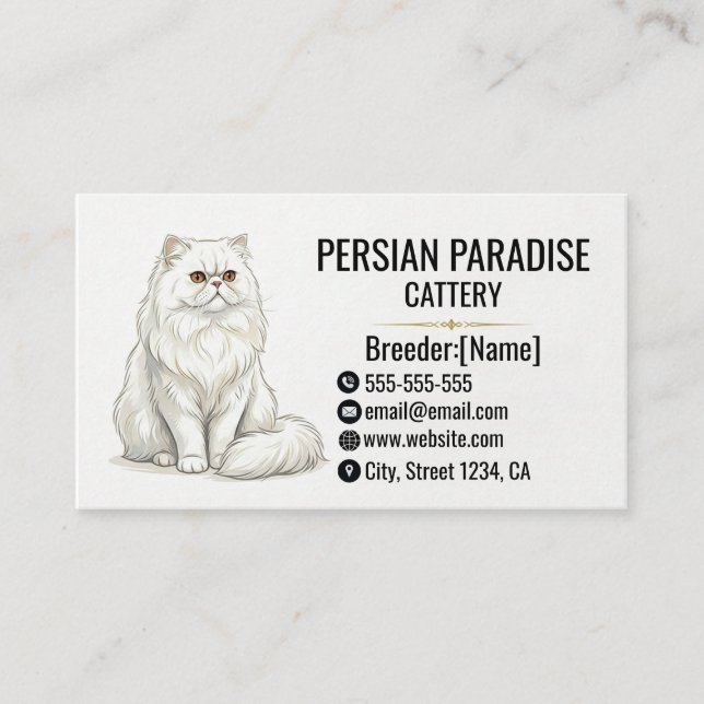 Elegant White Persian Cat Cattery Visitkort (Framsida)
