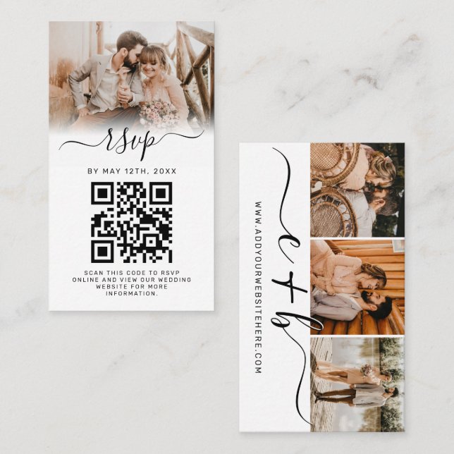 Elegant White Photo Monogram Bröllop QR OSA Visitkort (Fram/baksida)