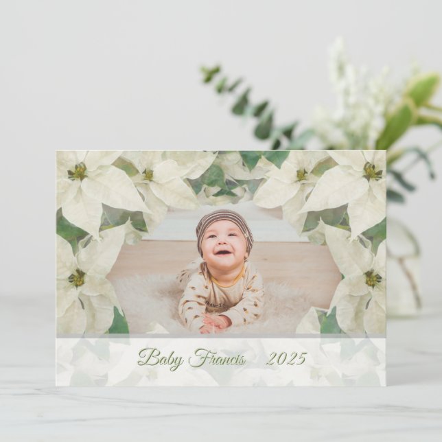 Elegant White Poinsettia Baby Flat Photo Card Inbjudningar (Stående Fram)