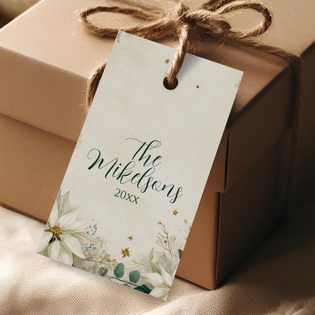 Elegant White Poinsettia jul Party Presentetikett (Skapare uppladdad)