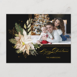 Elegant White Poinsettias w/Guld Greenery Photo Helg Vykort