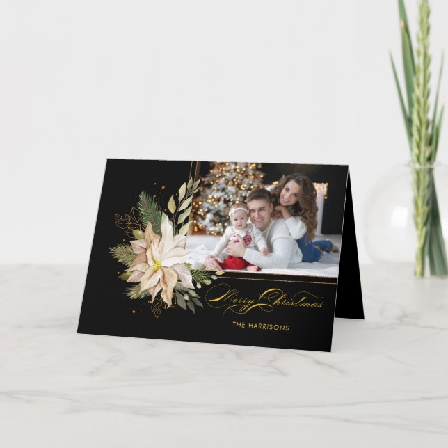 Elegant White Poinsettias w/Guld Greenery Photo Helgkort (Framsida)