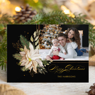 Elegant White Poinsettias w/Guld Greenery Photo Julkort