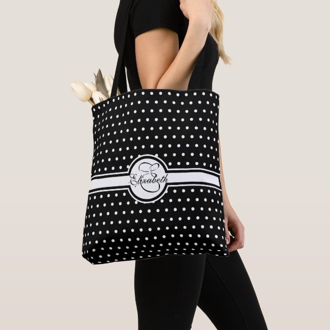 Elegant White Polka dots on Black Monogram Tygkasse (Närbild)