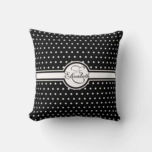 Elegant White Polka dots på Black Monogram Kudde (Framsida)