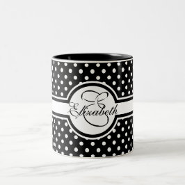 Elegant White Polka dots på Black Monogram Två-Tonad Mugg