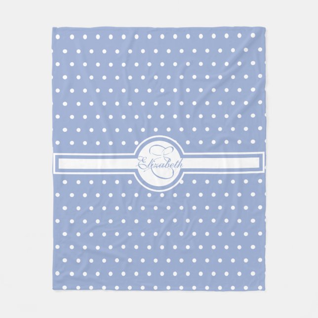 Elegant White Polka dots på Blue Monogram Fleecefilt (Framsidan)
