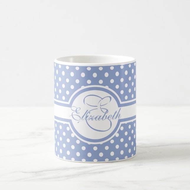 Elegant White Polka dots på Blue Monogram Kaffemugg (Center)
