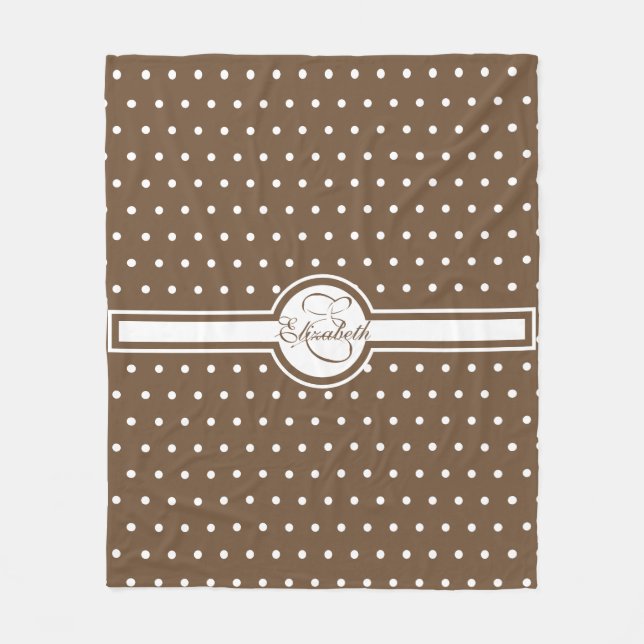 Elegant White Polka dots på Brown Monogram Fleecefilt (Framsidan)