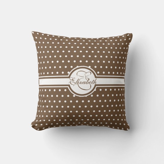 Elegant White Polka dots på Brown Monogram Kudde (Framsida)