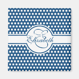 Elegant White Polka dots på Classic Blue Monogram Magnet