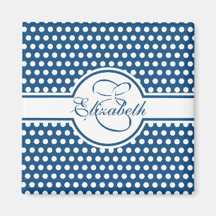 Elegant White Polka dots på Classic Blue Monogram Magnet