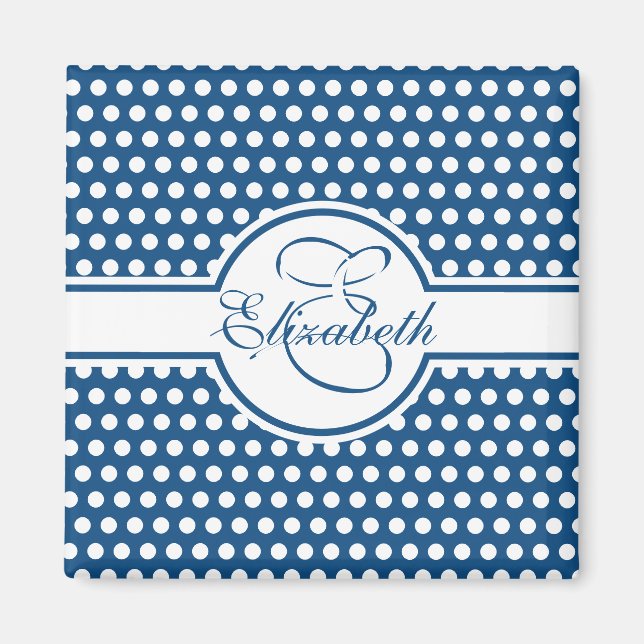 Elegant White Polka dots på Classic Blue Monogram Magnet (Framsidan)