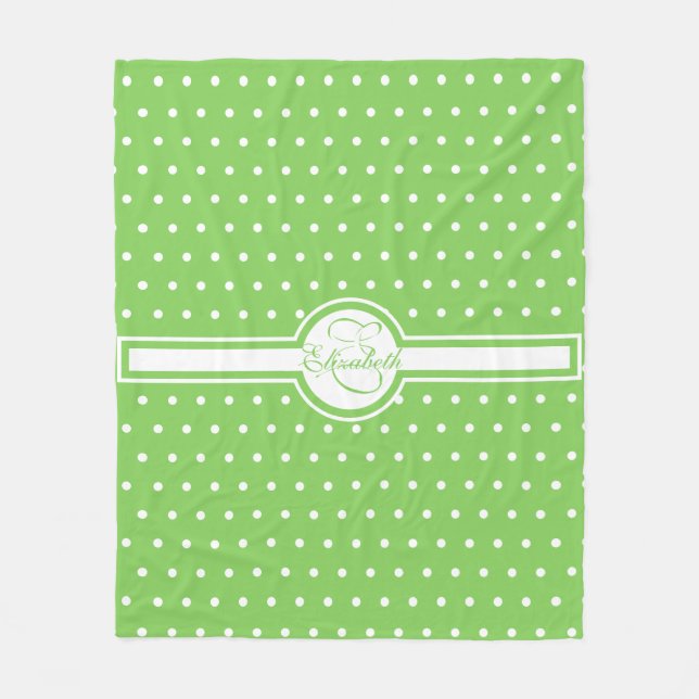 Elegant White Polka dots på Grönt Monogram Fleecefilt (Framsidan)