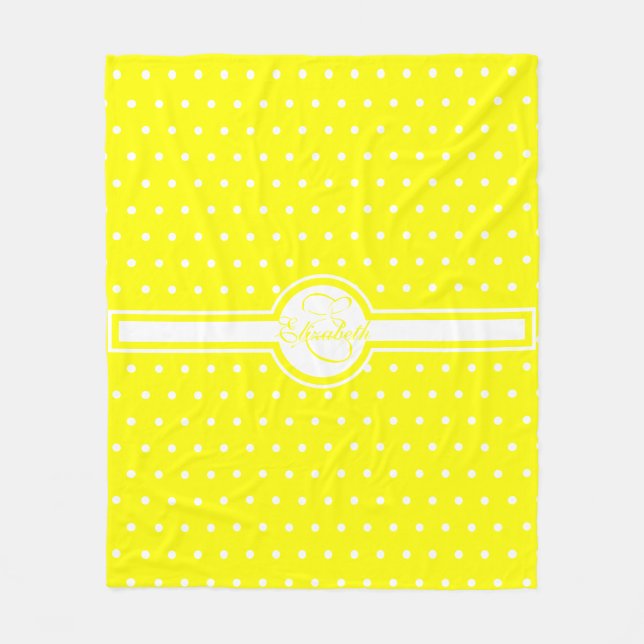 Elegant White Polka dots på Gult Monogram Fleecefilt (Framsidan)