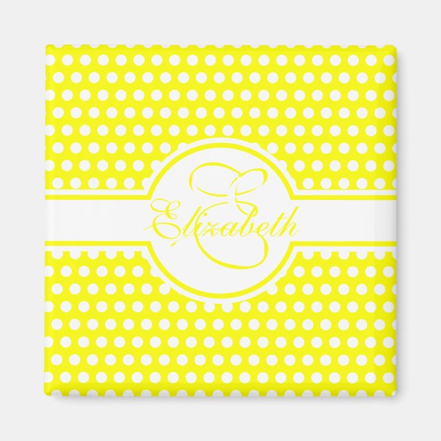 Elegant White Polka dots på Gult Monogram Magnet (Framsidan)