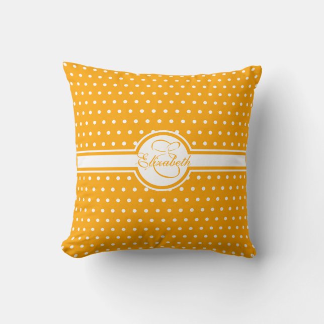 Elegant White Polka dots på Orange Monogram Kudde (Framsida)