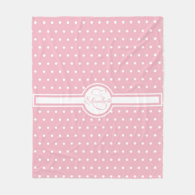 Elegant White Polka dots på Rosa Monogram Fleecefilt (Framsidan)