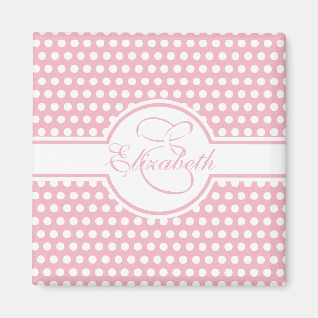 Elegant White Polka dots på Rosa Monogram Magnet (Framsidan)