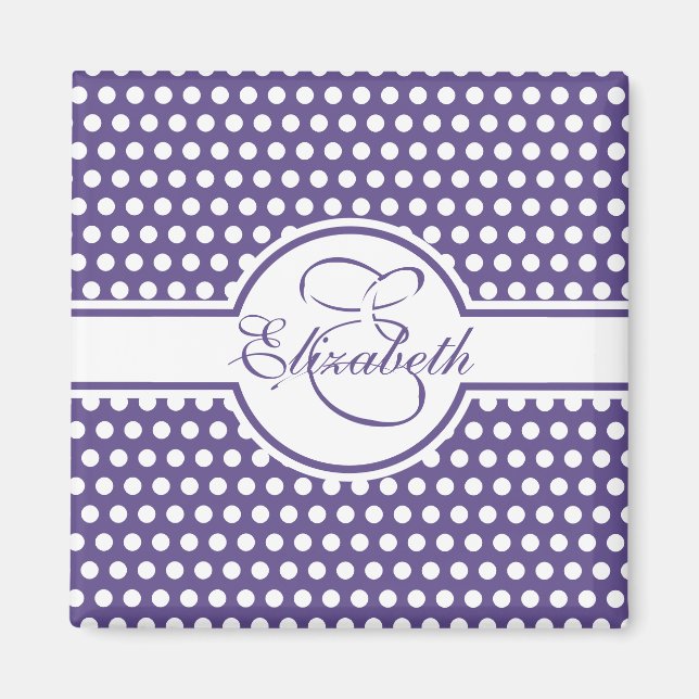 Elegant White Polka dots på Ultra Violet Monogram Magnet (Framsidan)