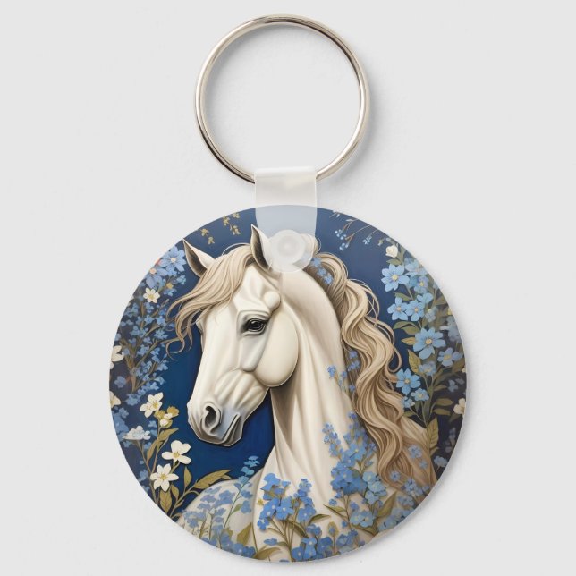 Elegant White Pony och Glöm Me-Nots Nyckelring (Framsida)
