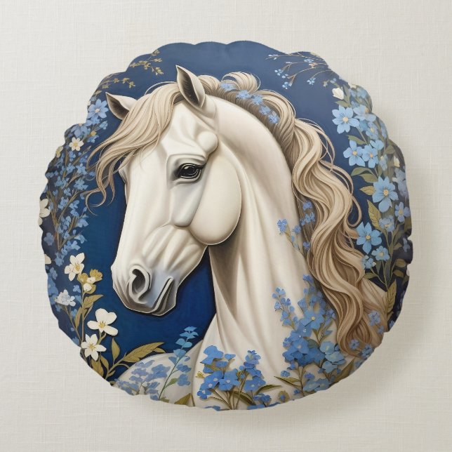 Elegant White Pony och Glöm Me-Nots Rund Kudde (Framsidan)
