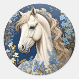 Elegant White Pony och Glöm Me-Nots Runt Klistermärke