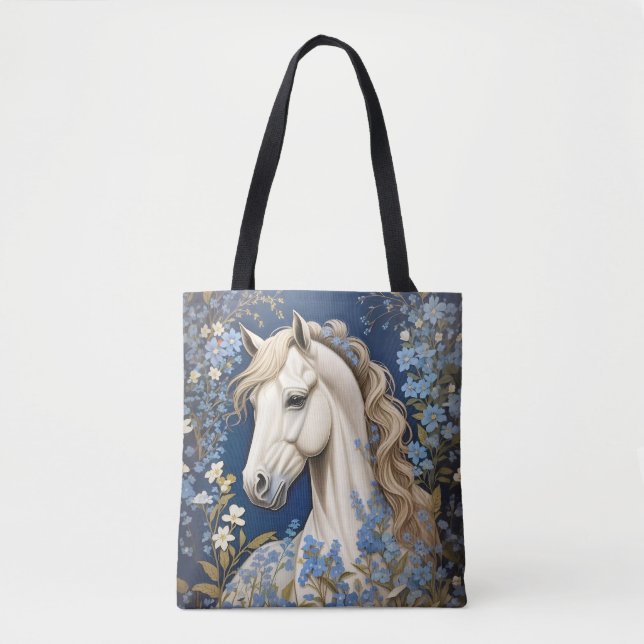 Elegant White Pony och Glöm Me-Nots Tygkasse (Framsida)