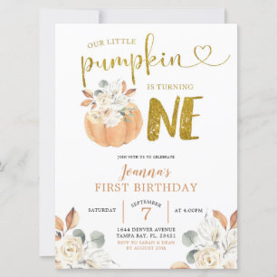 Elegant White Pumpkin Blommigt Första födelsedagen Inbjudningar