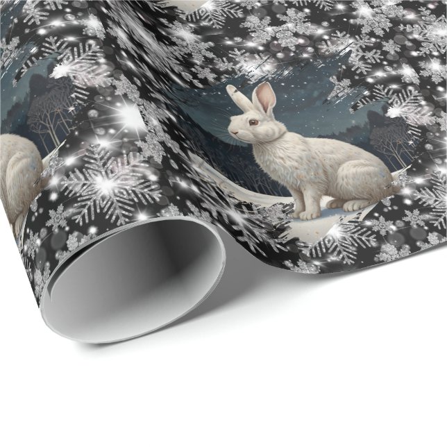 Elegant white rabbit Christmas snowflakes Presentpapper (Rullad Hörn)