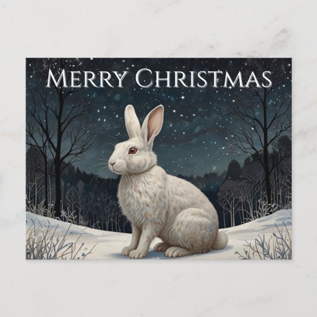 Elegant white rabbit Christmas snowy woodland  Helg Vykort (Framsida)